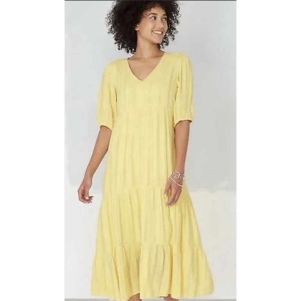 J Jill Puff Sleeve Tiered V-neck Midi Dress Yellow Size Large‎ Petite Gauze